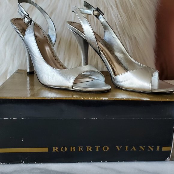 Roberto Vianni Silver Leather Open-Toe Slingback - Picture 1 of 10